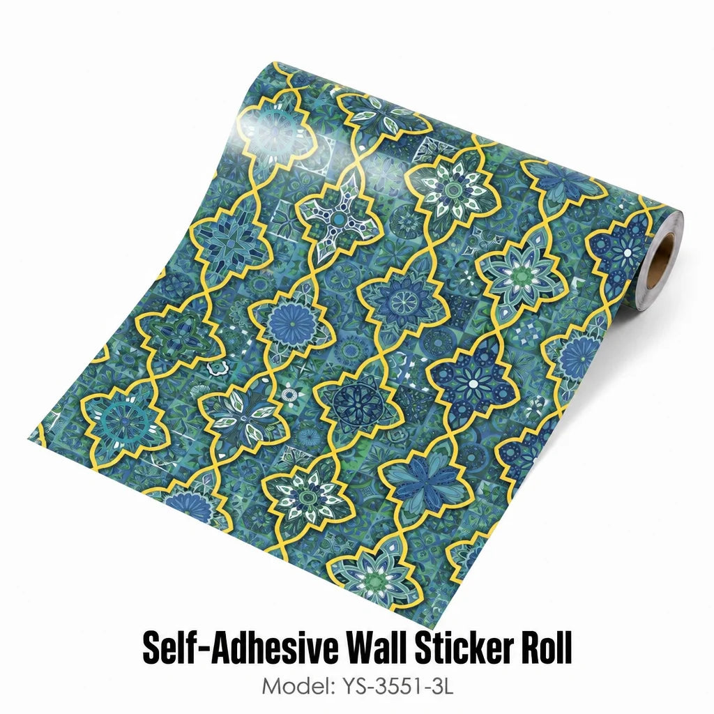 Glossy Blue Moroccan Tile Self Adhesive Wallpaper Roll Waterproof PVC Peel and Stick Wall