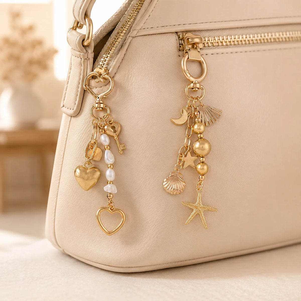 Moon and Star Pearl Beaded Key Ring with Starfish or Heart Charm - image 3