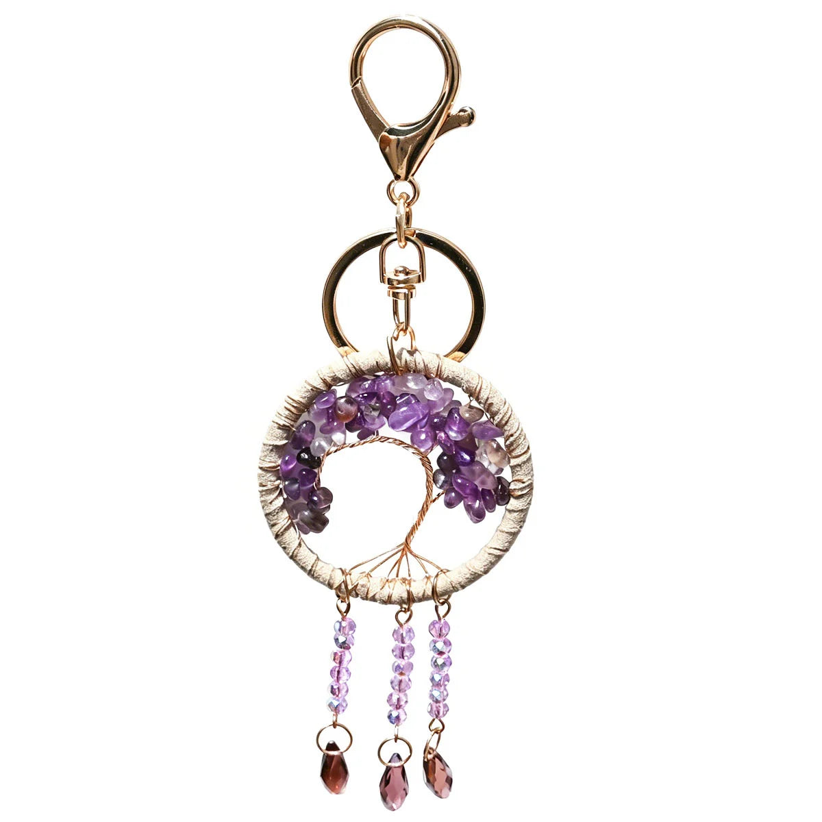 Natural Crystal Chip Tree of Life Key Ring with Tassel and Beads