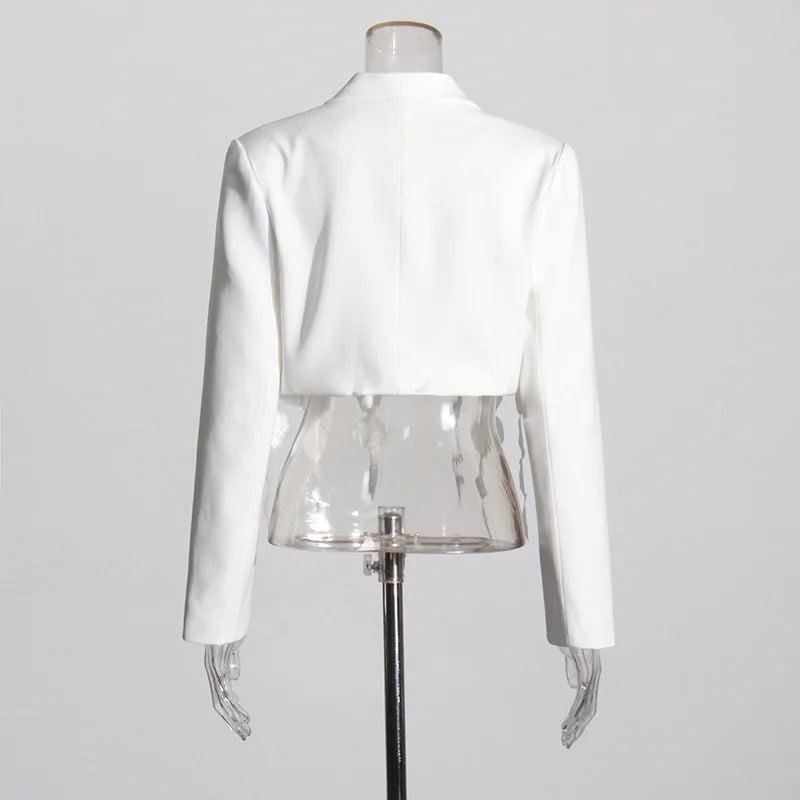 White Cropped Blazer with 3D Flower Ruffle and Crystal Details - image 5