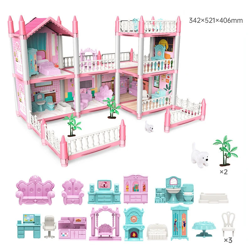 Big Plastic DIY Rattan Baby Doll House Kits Miniature Furniture Kitchen Price Toys Villa