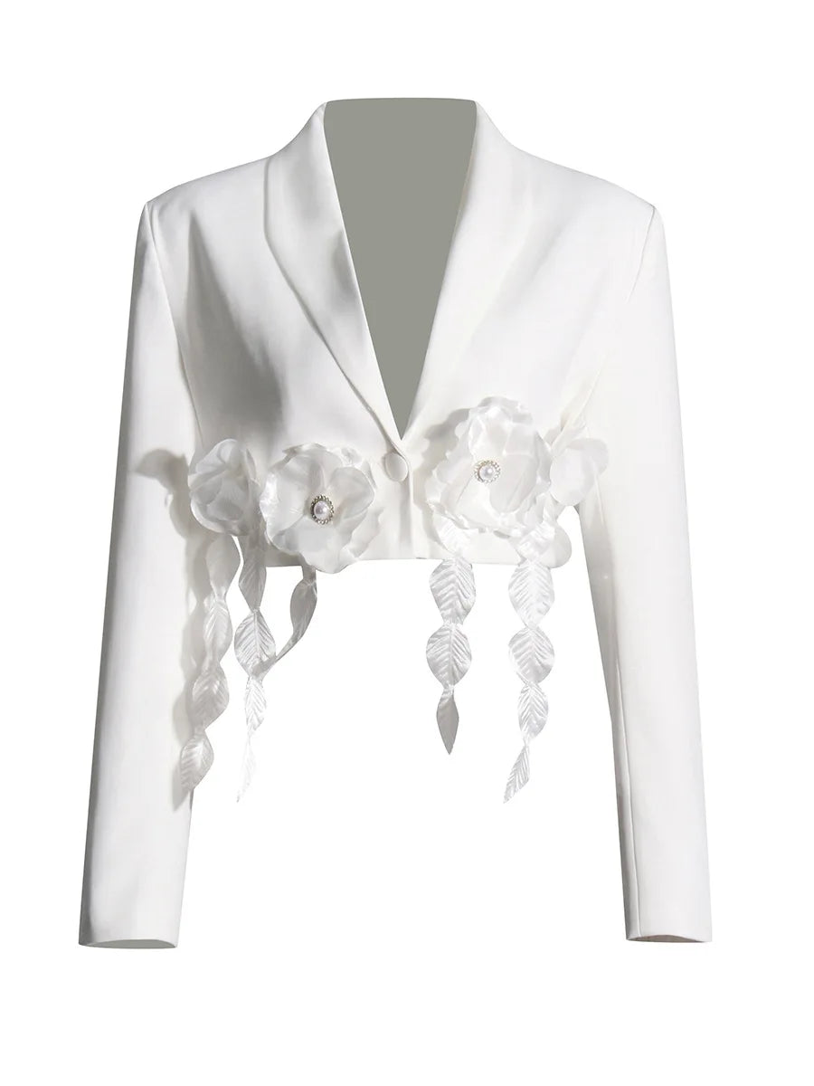 White Cropped Blazer with 3D Flower Ruffle and Crystal Details - image 6