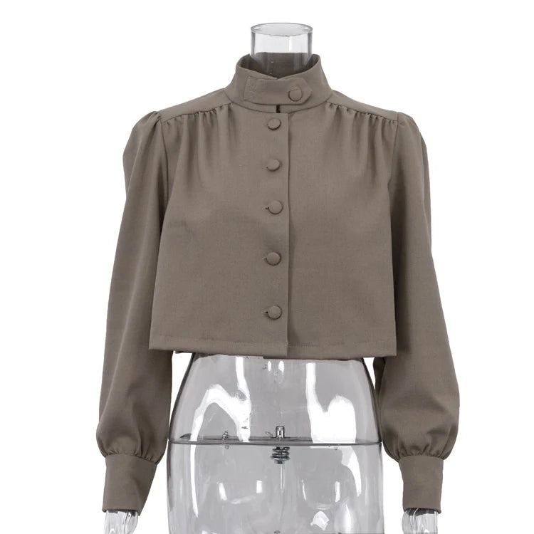 Khaki Linen-Blend Cropped Blazer Cardigan, Button-Up, S–L - image 4