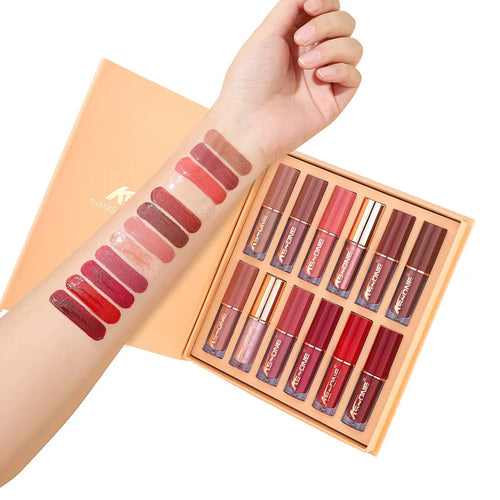 12-Color Book Lip Gloss Set Matte Pearl Non-Stick Cup Lip Glaze Lipstick Liquid