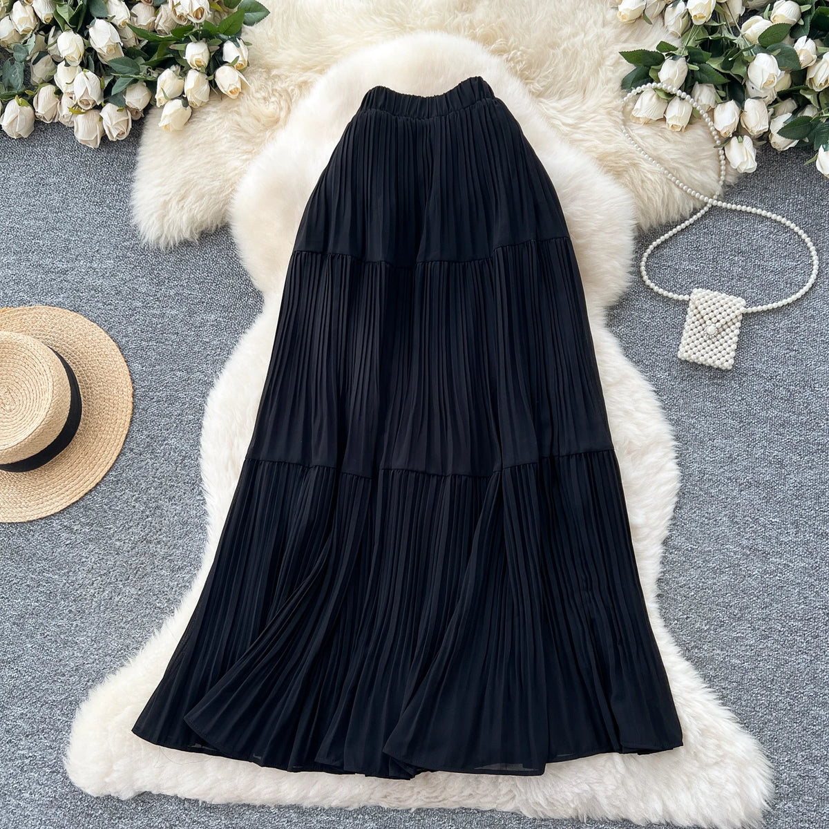 Pleated High-Waist Maxi Skirt in Stretch Blend, Free Size