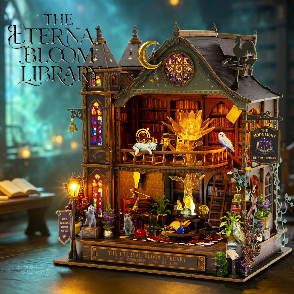 Eternal Bloom Library DIY Wooden Miniature Dollhouse Kit with Light