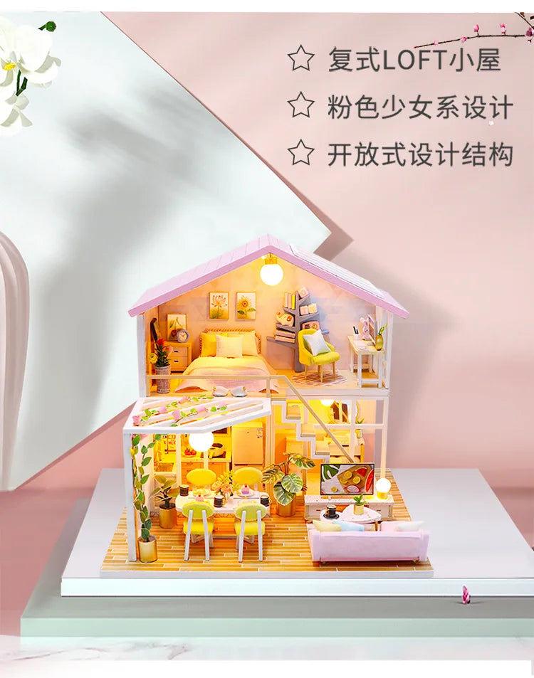 DIY Wooden Miniature House Building Kit with Doll House Furniture and Detailed Interior