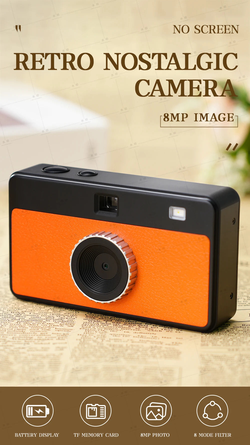 8MP Retro Snap Camera Without Screen, LED Flash, SD Card - image 2