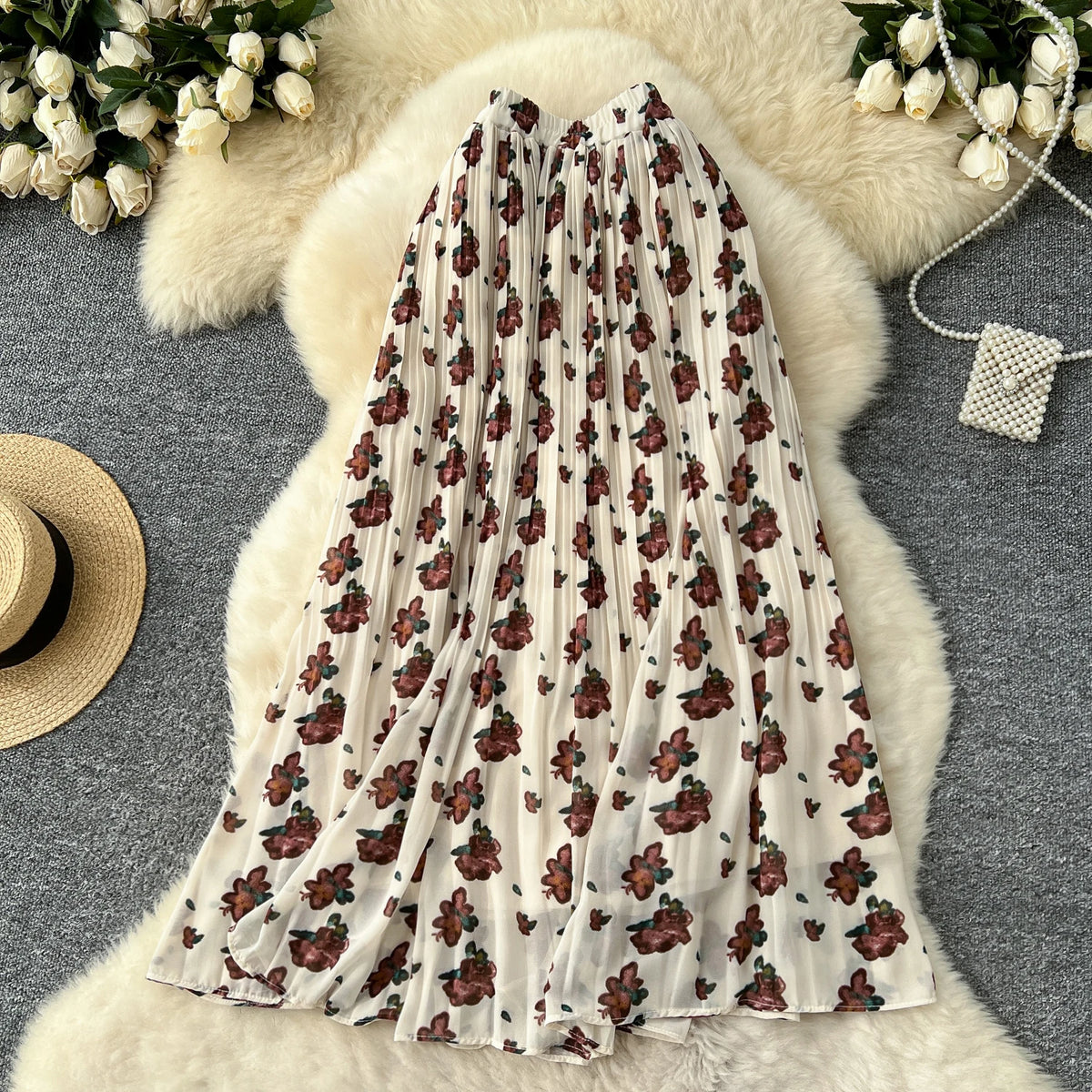 Floral or Solid Chiffon Draped Straight Skirt, High Waist - image 6