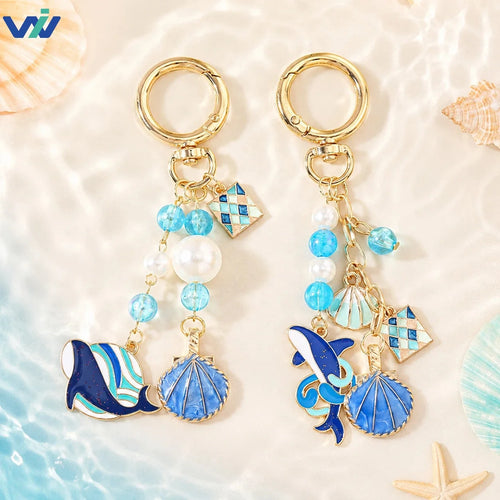 Fashion Ocean Keychain Shell Whale Shark Metal Charms Keyring Pearl Beaded Dangle Beach