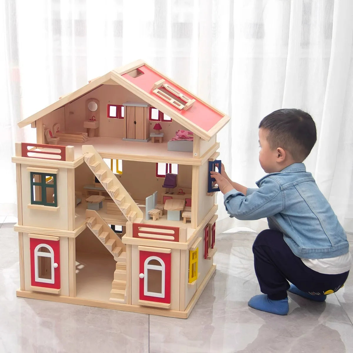 Children's Educational Wooden DIY Doll House Kids Girl's Gift Simulation Wooden Villa