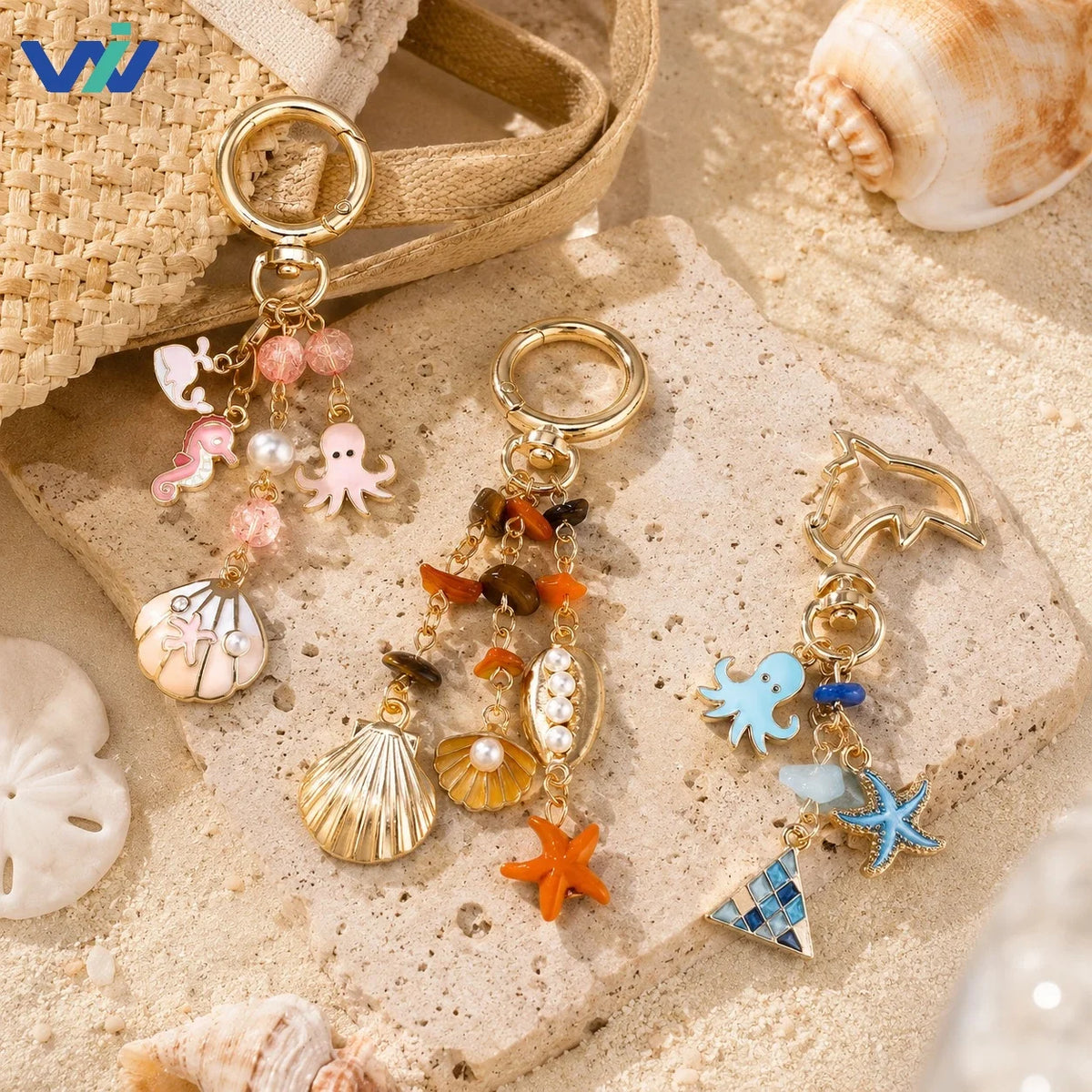 Starfish, Seahorse and Octopus Beach Keychain with Pearl Beads - image 2