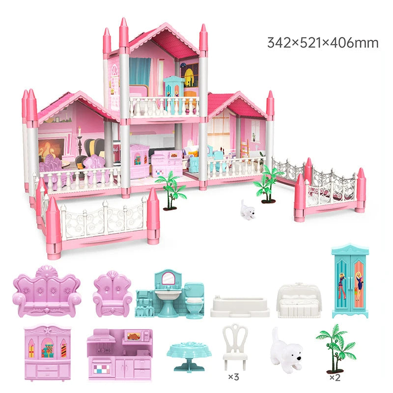 Big Plastic DIY Rattan Baby Doll House Kits Miniature Furniture Kitchen Price Toys Villa