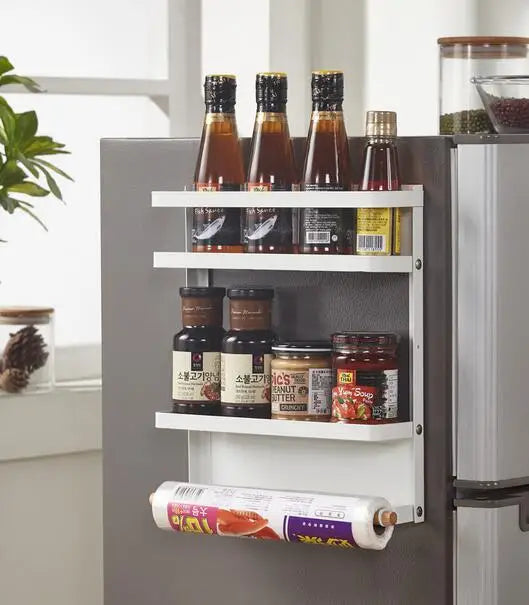 Foldable 2-Tier Magnetic Fridge Spice Rack, Matte Iron Shelves