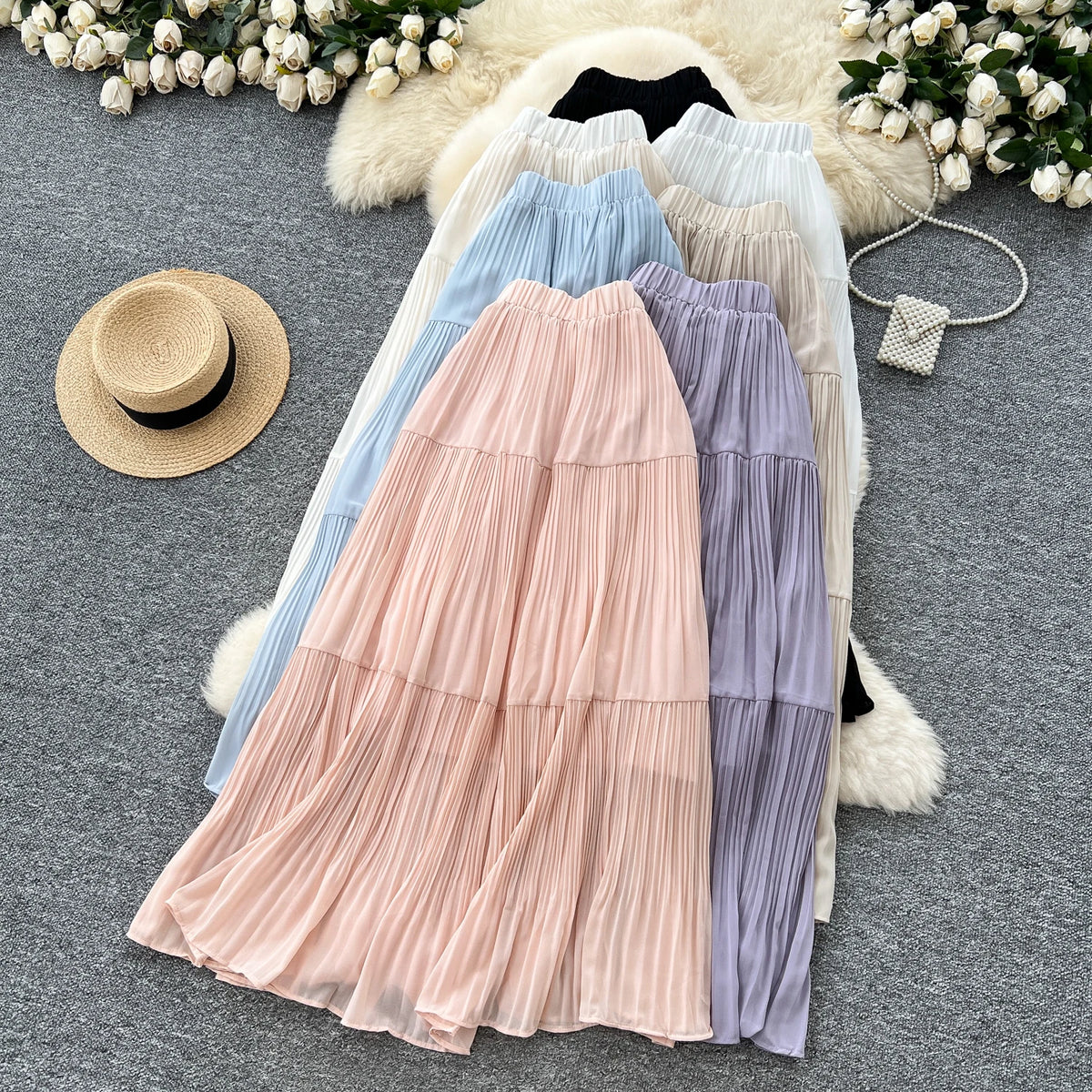 High-Waist Draped Pleated Maxi Skirt for Summer, Free Size