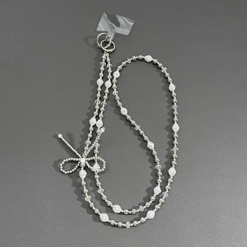 Silver Pearl Bow Long Phone Necklace Chain Crossbody Strap Beaded CCD Camera Bag Lanyard