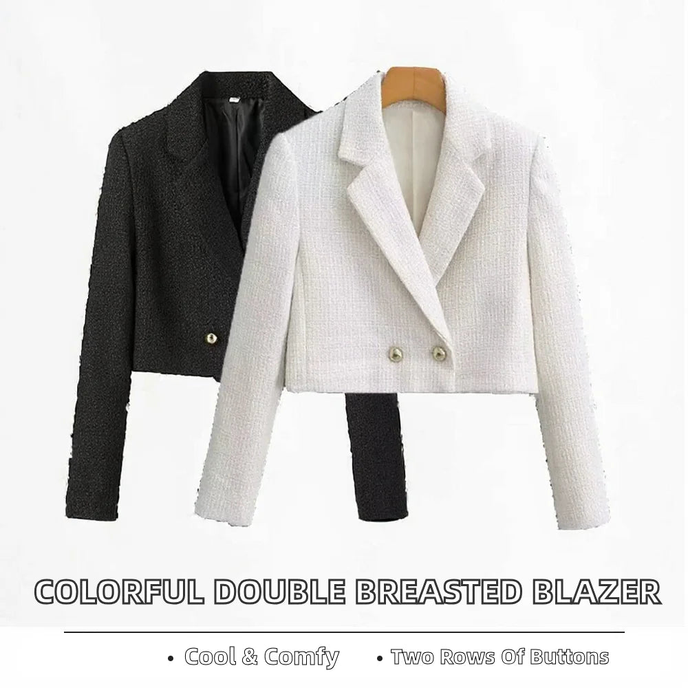 Double Breasted Long Sleeve Solid Woven Breathable Casual Fashion Crop Blazer Jacket