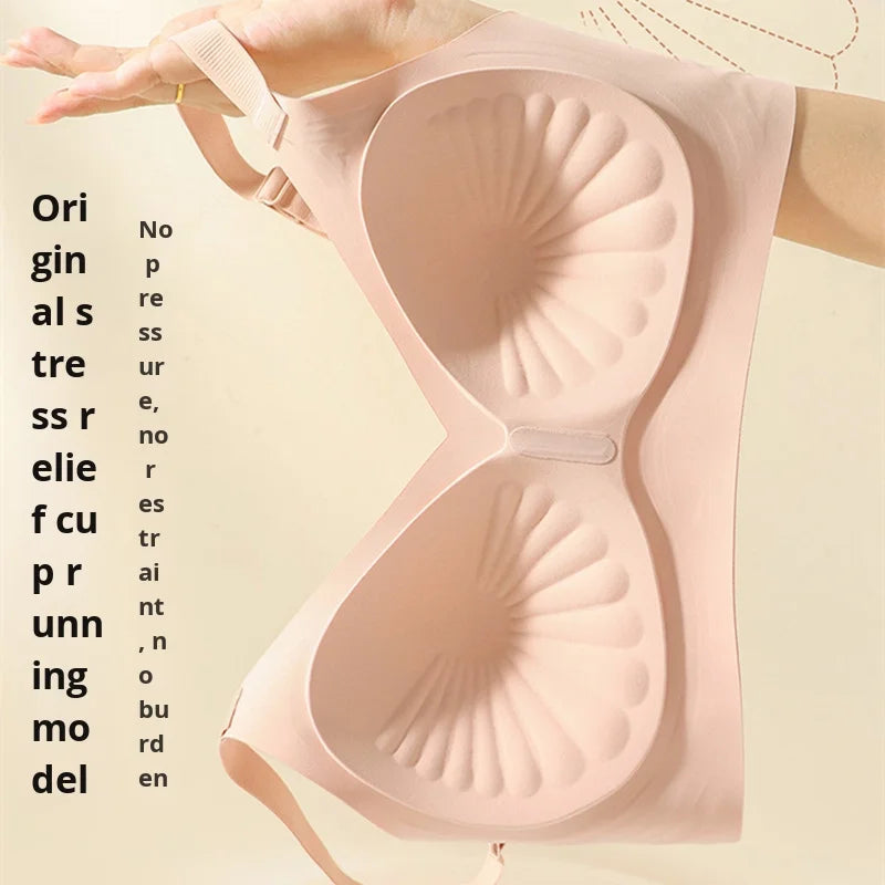 Seamless Solid Pattern Bra Wire-Free Fixed Sliding Cup Underwear Breast-Retracting Jelly