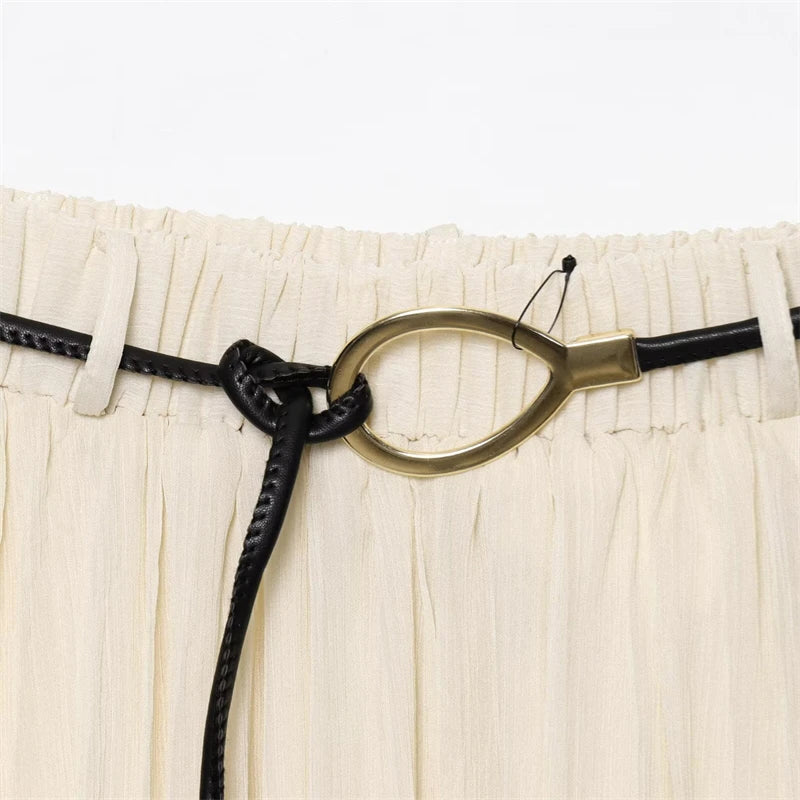Taop&za Summer New Women's Elastic High Waist with Belt Drape Pleated Long Skirt Midi