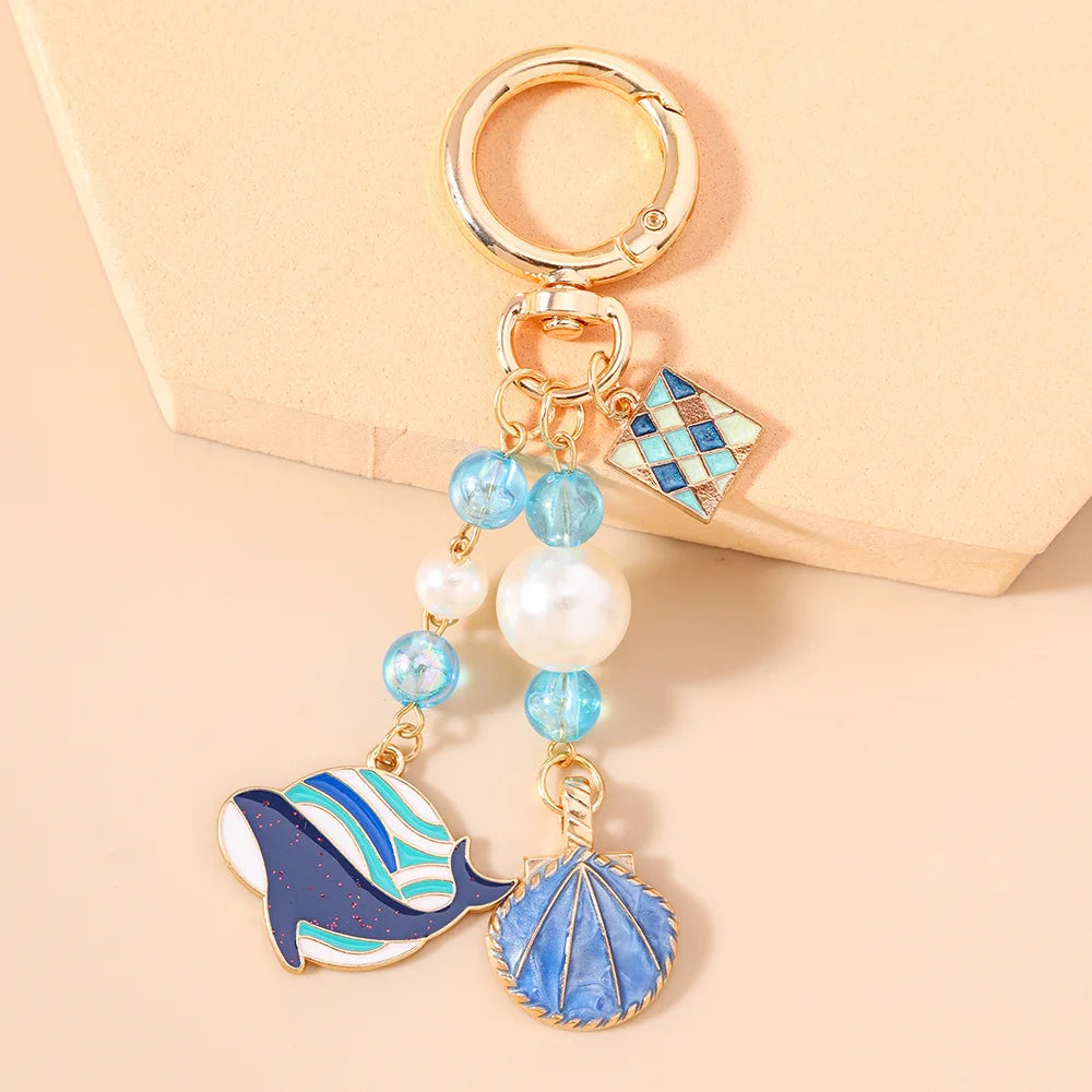 Fashion Ocean Keychain Shell Whale Shark Metal Charms Keyring Pearl Beaded Dangle Beach