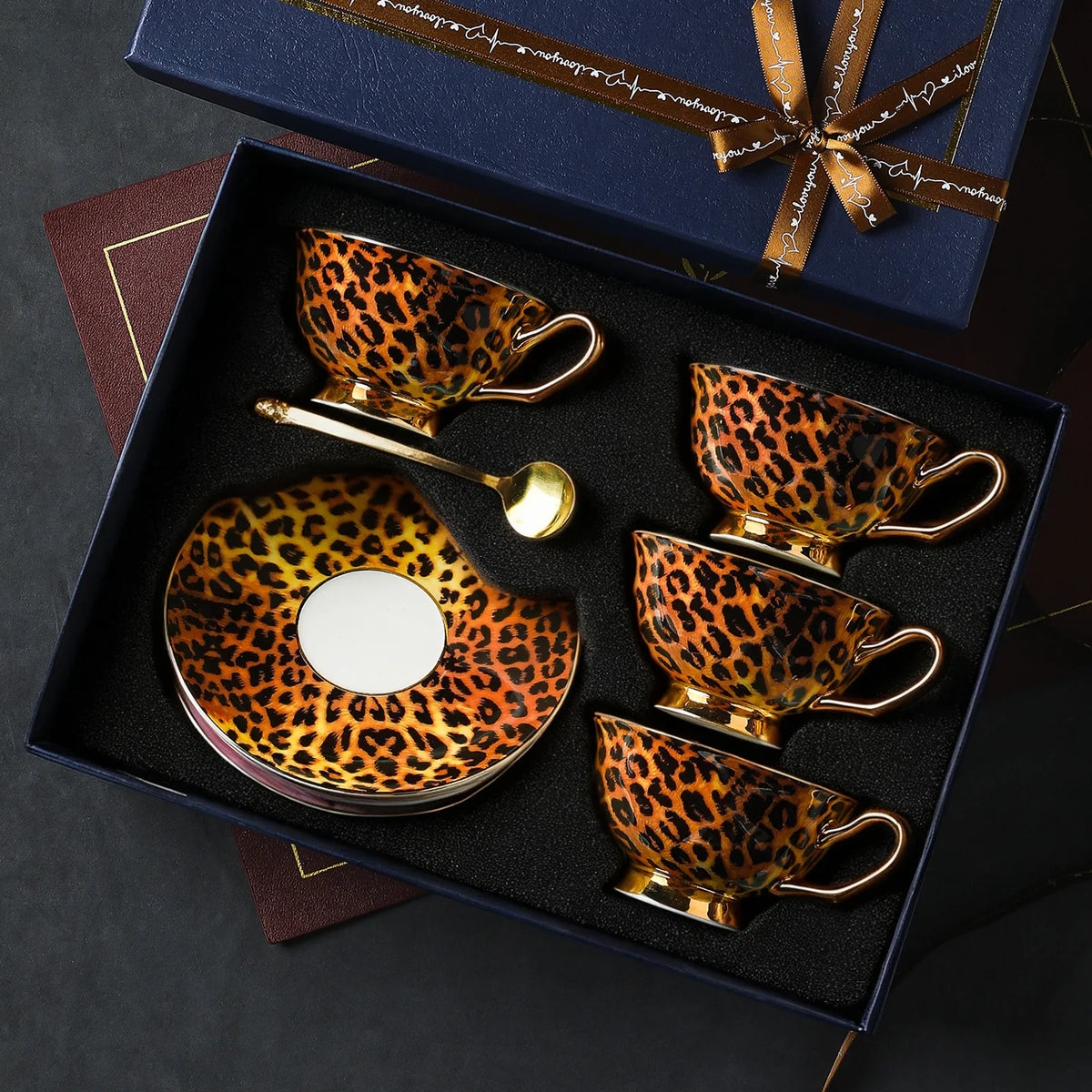 Leopard Print Bone China Coffee Cup and Saucer Gift Set with Spoons - image 9