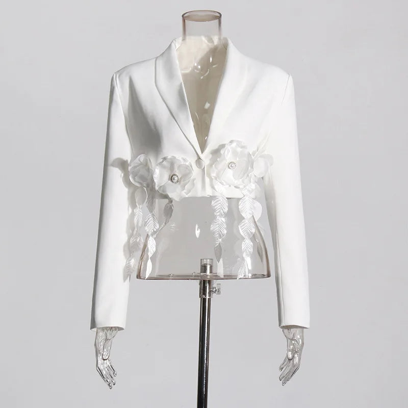 White Cropped Blazer with 3D Flower Ruffle and Crystal Details - image 3