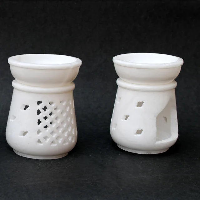Handcrafted White Alabaster Stone Oil Burner Lamp, Non-Electric