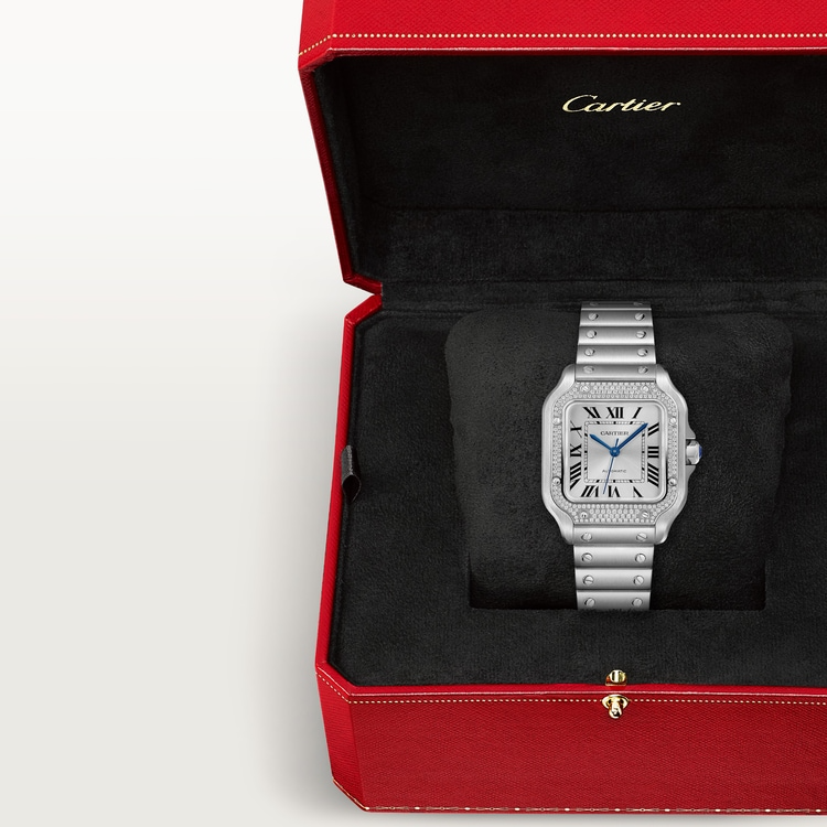 Unworn Santos de, Stainless Steel, 35.1mm, Ref# W4SA0005, box and papers