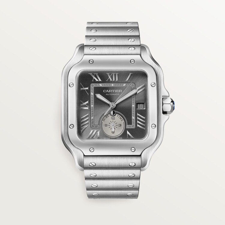 Unworn Santos de Dual Time, Stainless Steel, 40.2mm, Ref# WSSA0076, box and papers