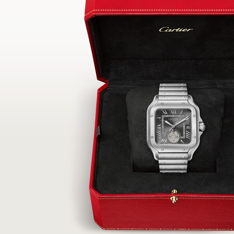 Unworn Santos de Dual Time, Stainless Steel, 40.2mm, Ref# WSSA0076, box and papers