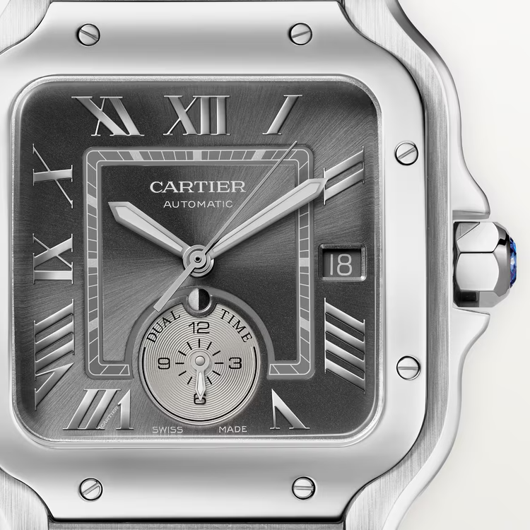 Unworn Santos de Dual Time, Stainless Steel, 40.2mm, Ref# WSSA0076, box and papers