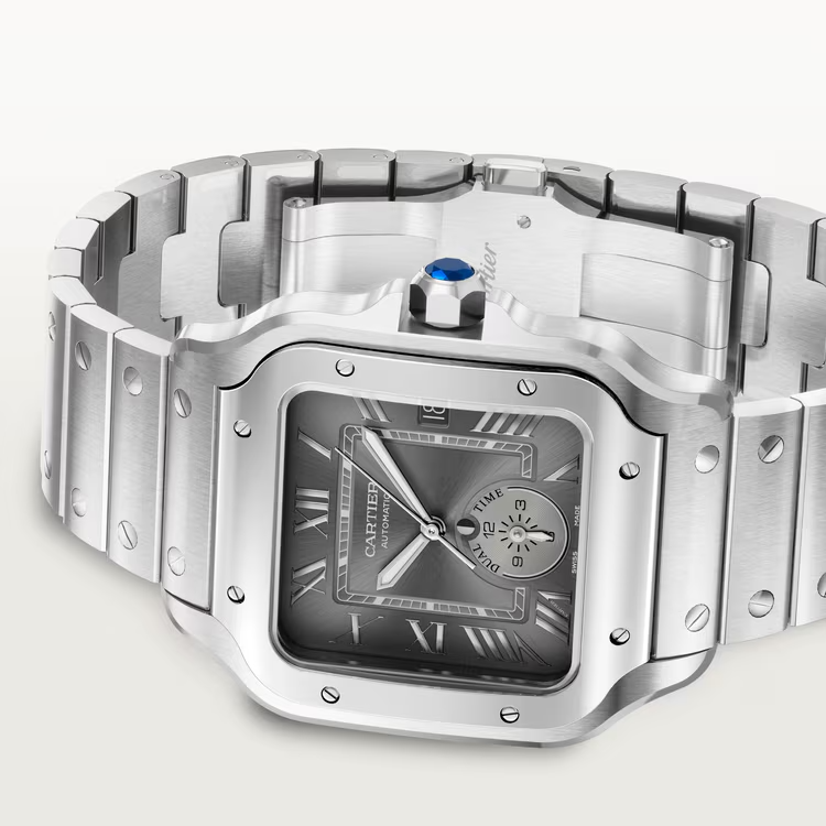 Unworn Santos de Dual Time, Stainless Steel, 40.2mm, Ref# WSSA0076, box and papers