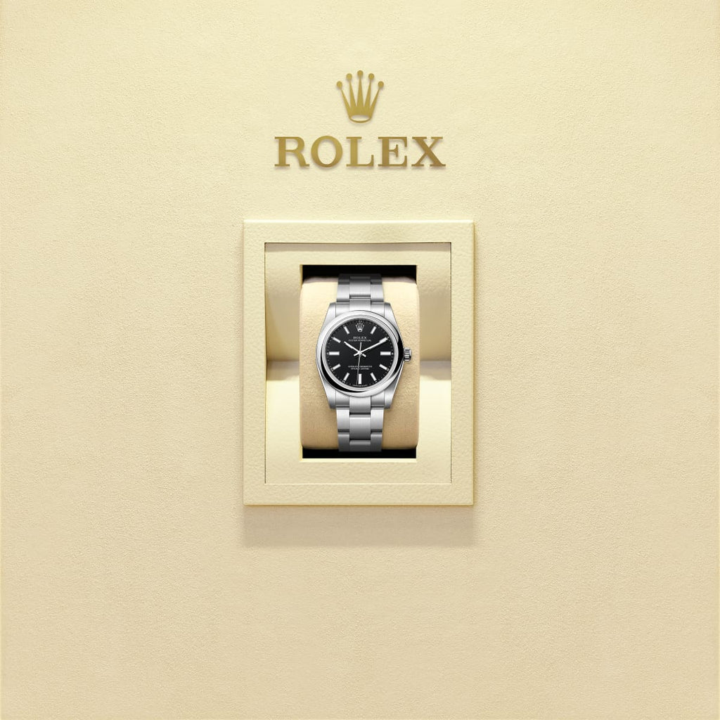 Unworn 2025, Oyster Perpetual, Oystersteel, 34mm, Black dial, Domed Oyster, Ref# 124200-0010, box and papers