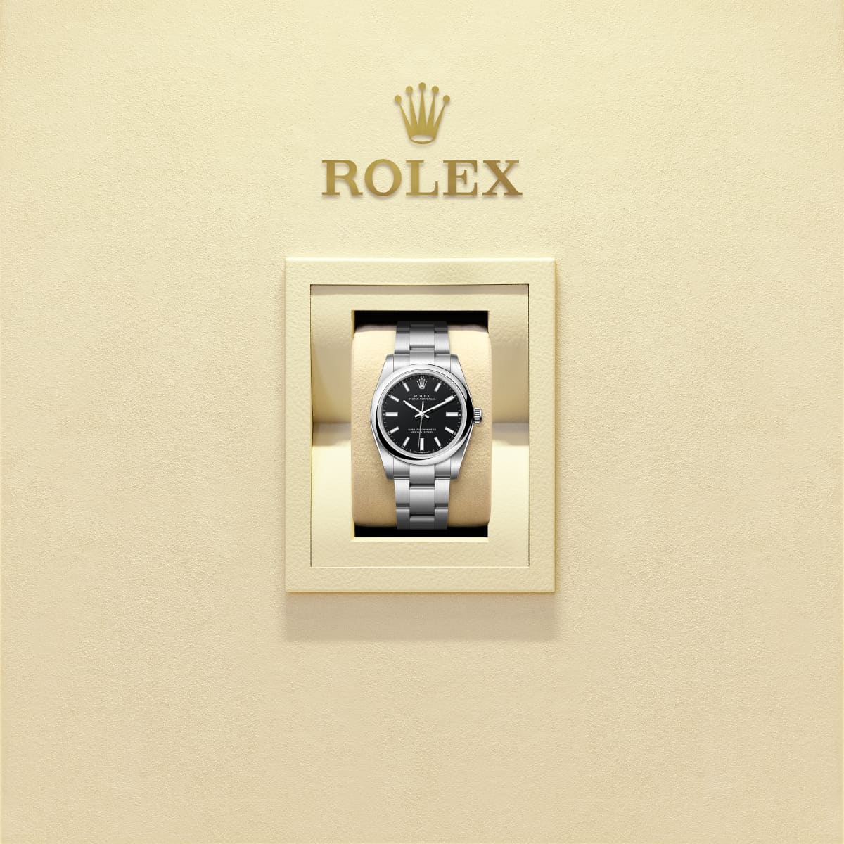 Unworn 2025, Oyster Perpetual, Oystersteel, 34mm, Black dial, Domed Oyster, Ref# 124200-0010, box and papers