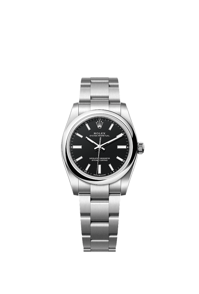 Unworn 2025, Oyster Perpetual, Oystersteel, 34mm, Black dial, Domed Oyster, Ref# 124200-0010, box and papers