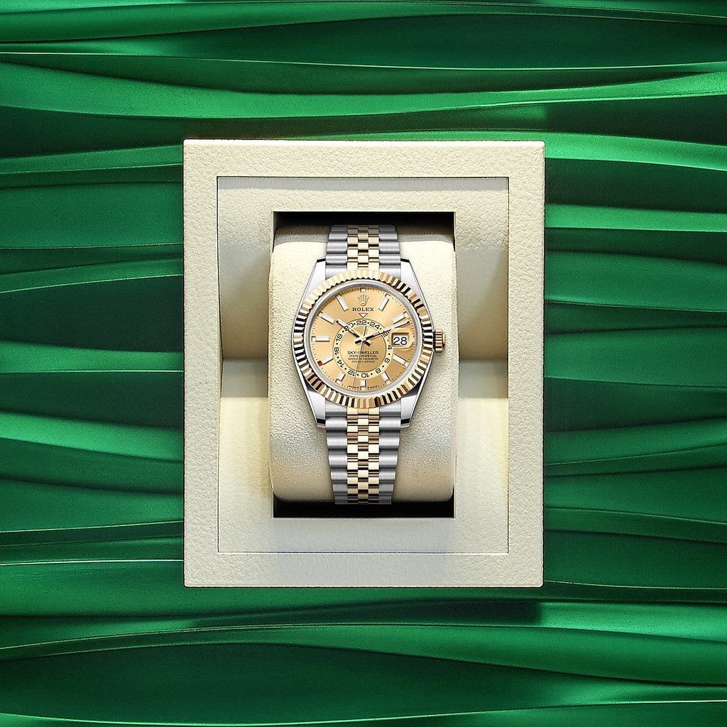 Sky-Dweller, 42mm, Oystersteel and 18k Yellow Gold, Champagne, Jubilee, Ref# 336933-0002