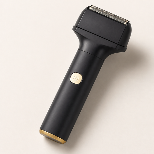 Black cordless foil shaver — matte body and gold base detail
