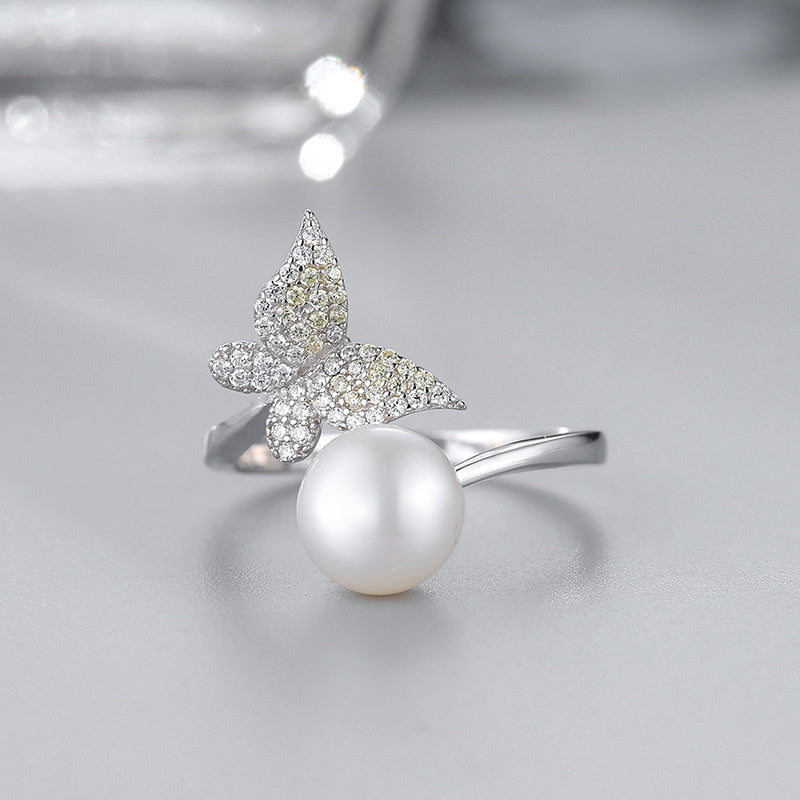 Bow & Pearl Gradient Ring — 925 Silver