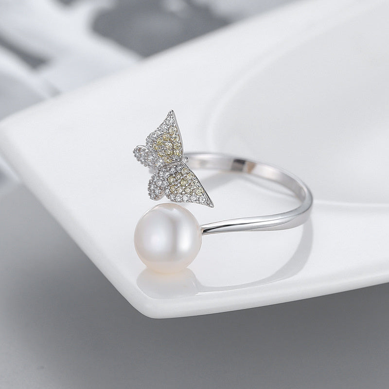 Bow & Pearl Gradient Ring — 925 Silver