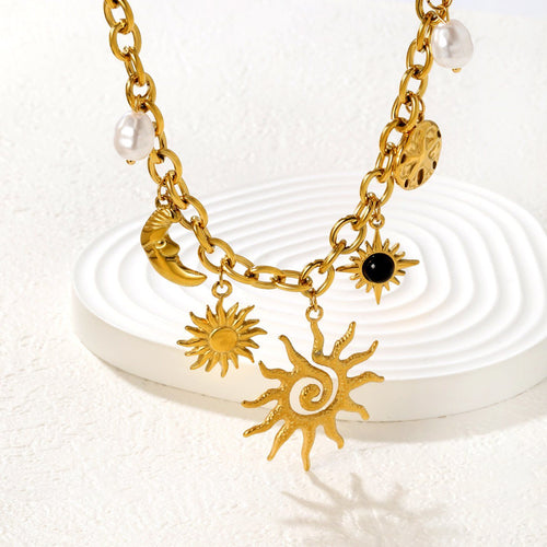 Sun, Moon & Star Charm Necklace — Gold Plated Steel