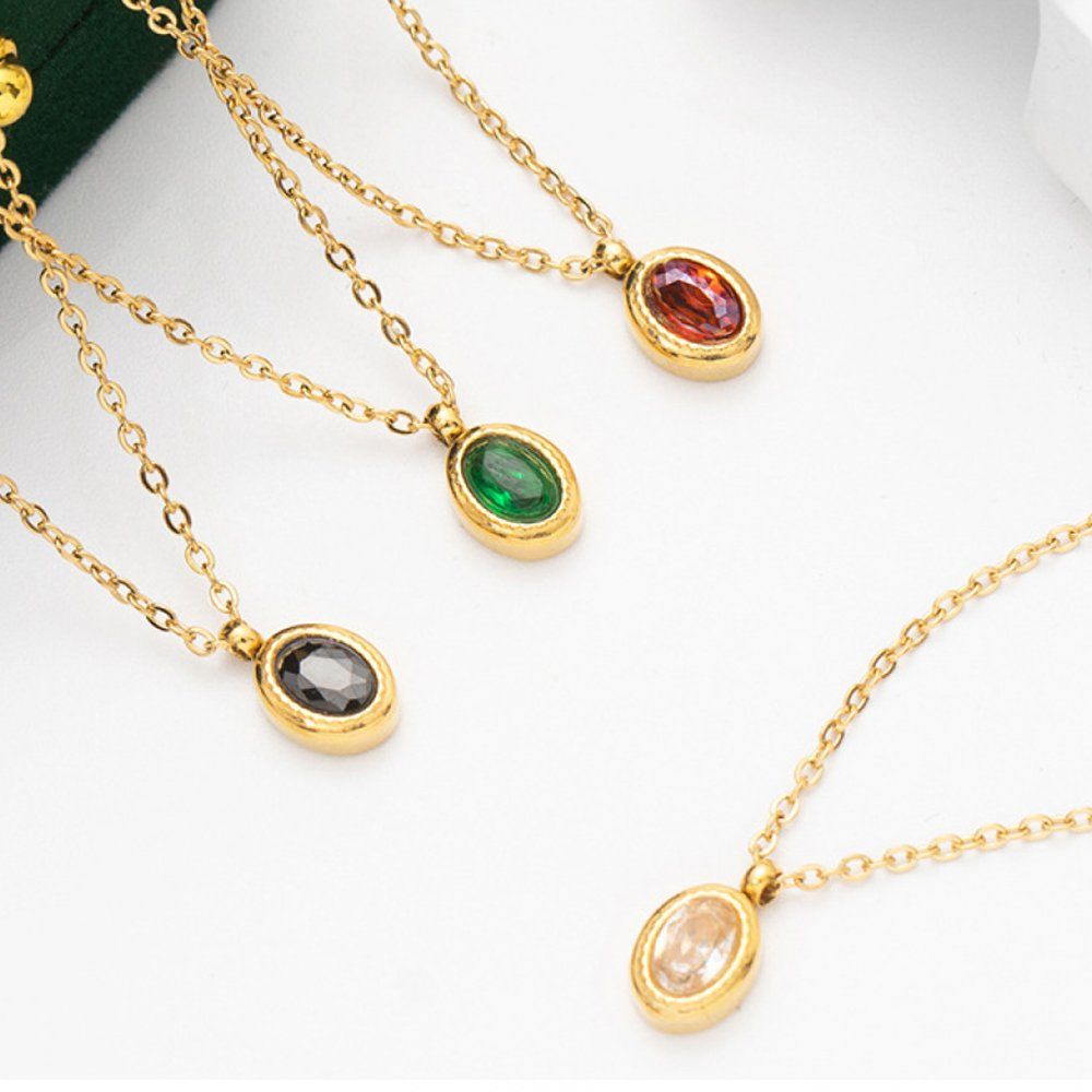 Green Zircon Oval Necklace — Gold Plated Steel