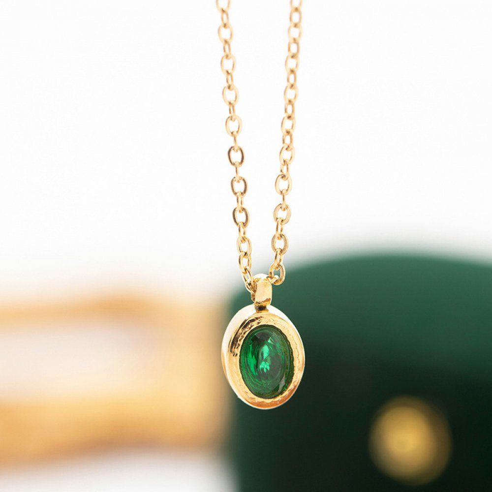 Green Zircon Oval Necklace — Gold Plated Steel