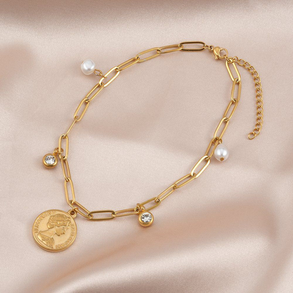 Carved Portrait Anklet — Gold Plated Steel