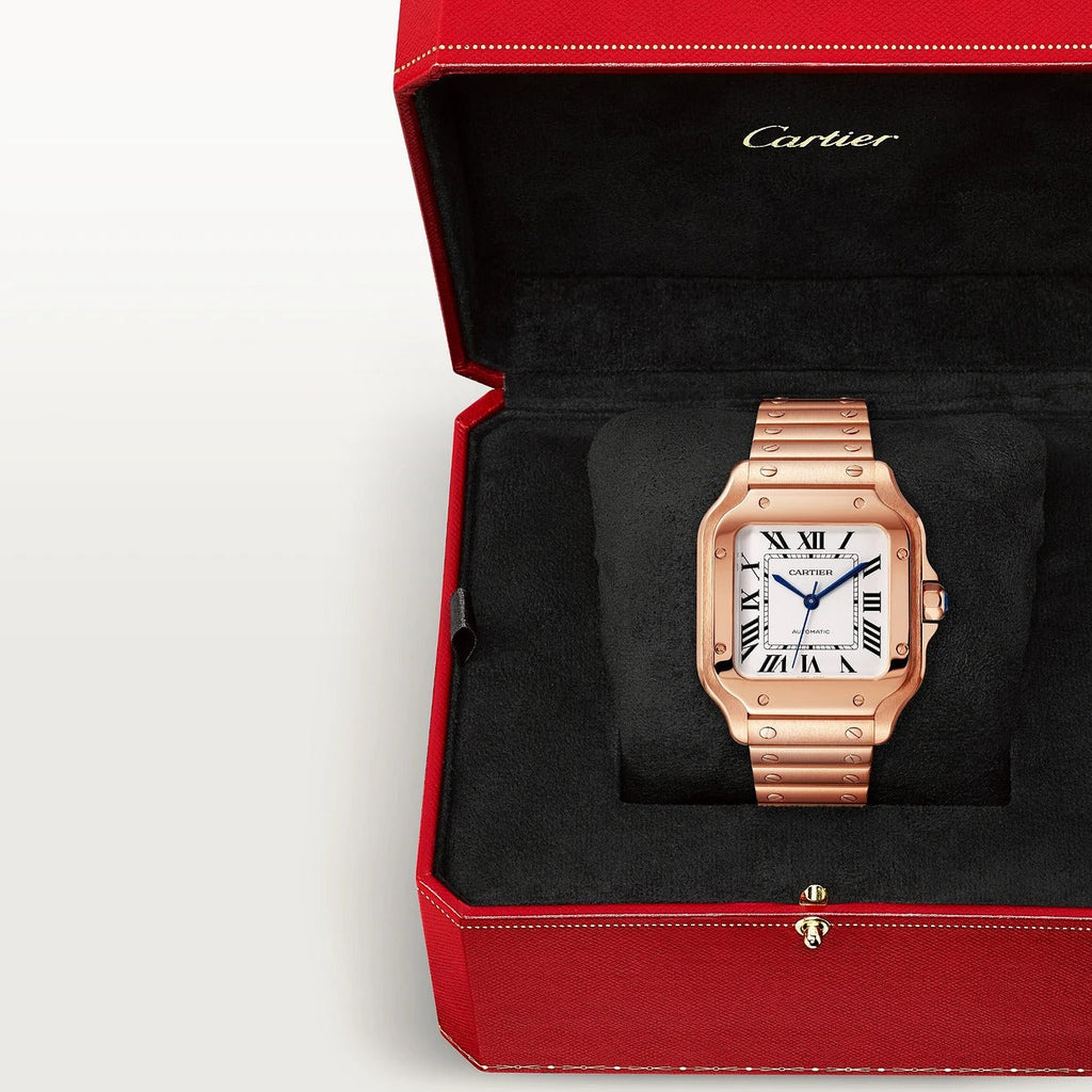Unworn Santos de, 18k Rose Gold, 35.1mm, Ref# WGSA0031, box and papers