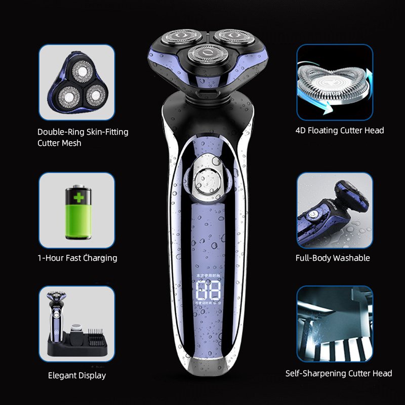 Waterproof Men's Electric Shaver Rechargeable Cordless Wet Dry Rotary Shaver